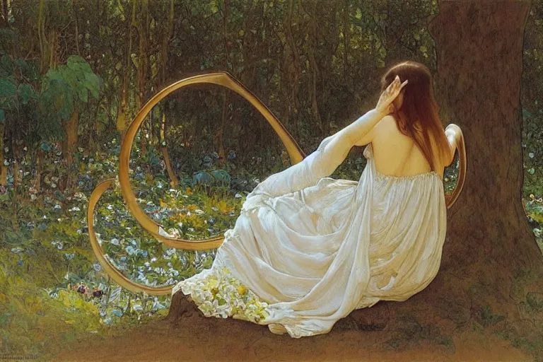 Prompt: a beautiful painting of the back view of a young lady with long dark hair in white linen dress sitting by the river in a grown forest, playing a golden harp, sunlight reflected on the river, Mucha, Moebius, Mohrbacher
