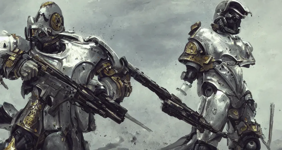 Prompt: Trending on artstation. 4k. Masterpiece. Cybernetic holy warrior on the battlefield holding a large machine gun. White armor trimmed with gold. Ravaged battlefield scene bg. Rule of thirds.