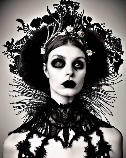 Image similar to surreal dark poetic black and white photo portrait of complex bio-mechanical beautiful young silver female vegetal-cyborg with a fur metal fine lace face, a very long neck and a fine metal floral foliage super big gothic lace collar and high floral crown by Vivienne Westwood:: smoke, high fashion, haute couture, rococo, avant-garde, dry black roses, silver filigree details, anatomical, facial muscles, cable wires, microchip, elegant, dreamy, foggy atmosphere, hyper realistic, 150 mm lens, soft rim light, octane render, unreal engine, picture was taken in 1910 by Man Ray, volumetric lighting, dramatic light,8k,