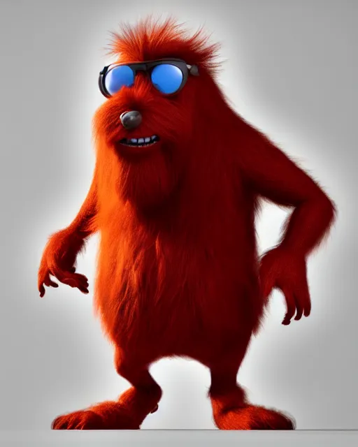 Prompt: 3 d render of completely red hairy friendly antropomorphic creature wearing chrome shades, without nose, shy smile, full body, standing on 2 feet, in the style of pixar, white background, unreal engine 5, octane render, highly detailed hdr