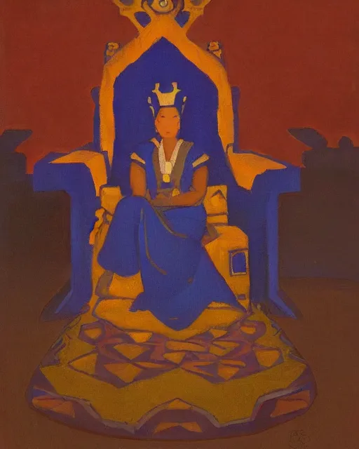 Prompt: an illustration of a queen on a throne at night by nicholas roerich, realistic, detailed, oil painting, 1 9 th