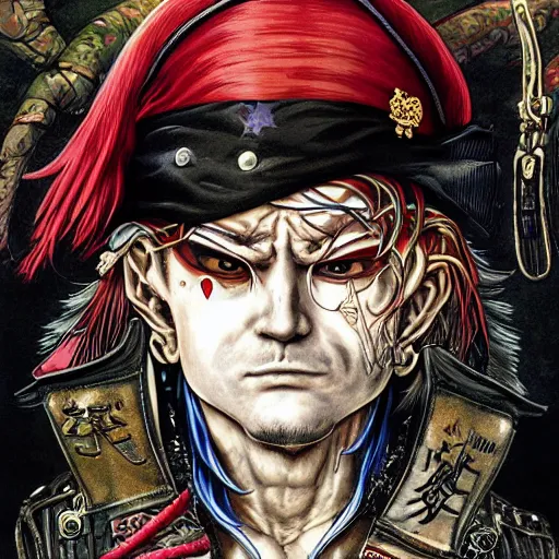 Image similar to portrait of crazy pirate with patch on one eye, symmetrical, by yoichi hatakenaka, masamune shirow, josan gonzales and dan mumford, ayami kojima, takato yamamoto, barclay shaw, karol bak, yukito kishiro