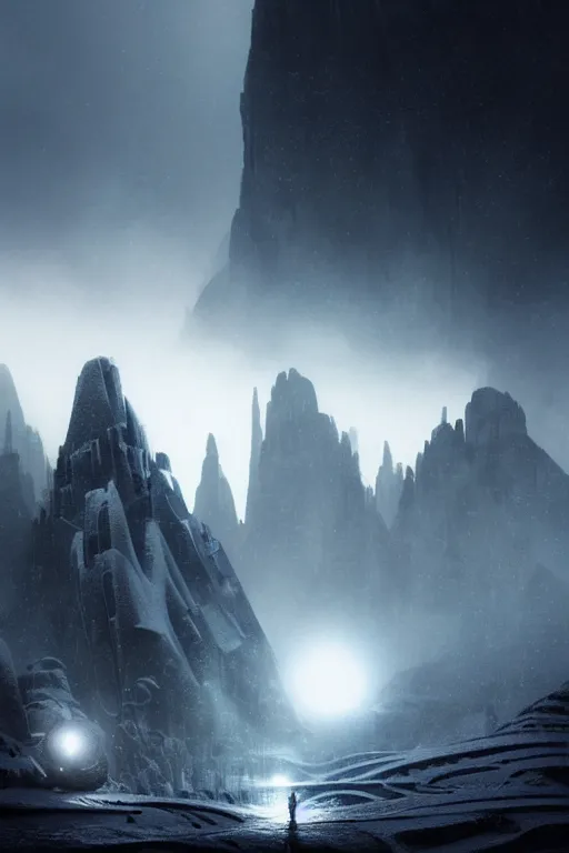 Image similar to futuristic atmosphere in the snowy mountains dolomites 3 d concept art, cinematic lighting, bladerunner scene, rule of thirds, depth of field, intricate details, building by zaha hadid, stormy weather, emissary space by arthur haas and bruce pennington and john schoenherr, cinematic matte painting, dark moody monochrome colors, trending on artstation, featured on behance