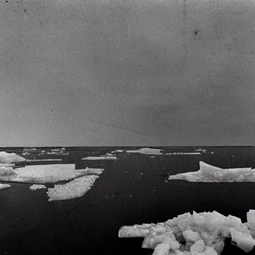 Prompt: vintage horrific photo of an ice floe meeting magma in the middle, textured, skewed perspective, last photo ever taken, apocalyptic event