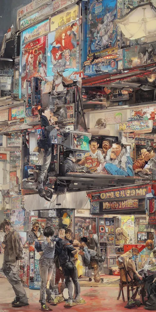 Image similar to oil painting scene from amusement arcade by kim jung gi