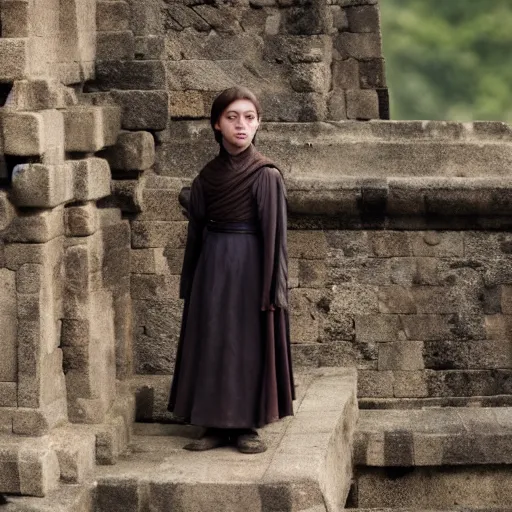 Image similar to elegant young arya stark, photograph 3 5 mm, shot from game of thrones, at borobudur, artstation