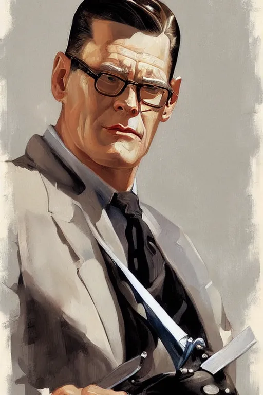 Prompt: hank hill painting by jc leyendecker!! phil hale!, angular, brush strokes, painterly, vintage, crisp