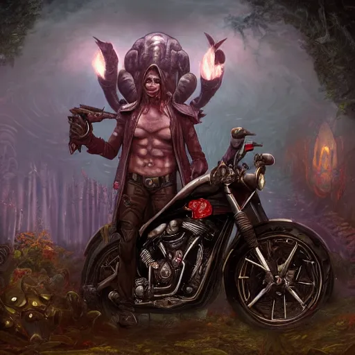 Prompt: a Mindflayer in a leather jacket and speedos is standing beside a demonic motorcycle, garden, fullbody, summer, 8k resolution matte fantasy painting, cinematic lighting, DeviantArt, Artstation, Jason Felix Steve Argyle Tyler Jacobson Peter Mohrbacher