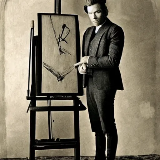 Image similar to ewan mcgregor is dressed as a gentleman at early 2 0 th century paris. he is standing next to an easel. that easel has a canvas on it.