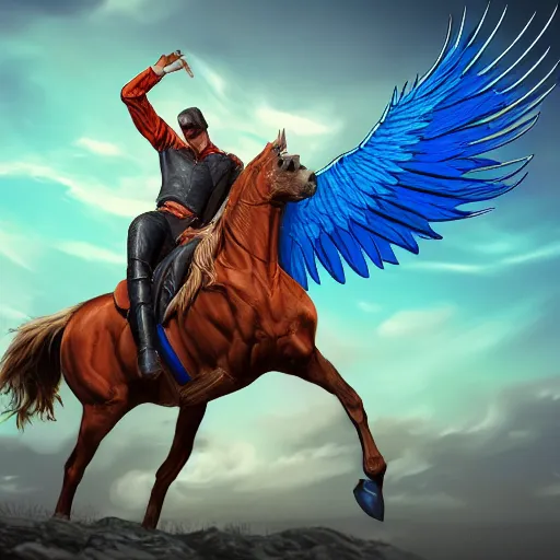 Image similar to man without head on top of horse with wings, colorful of blue color concept art, trending on artstation, highly detailed, intricate, sharp focus, digital art, 8 k