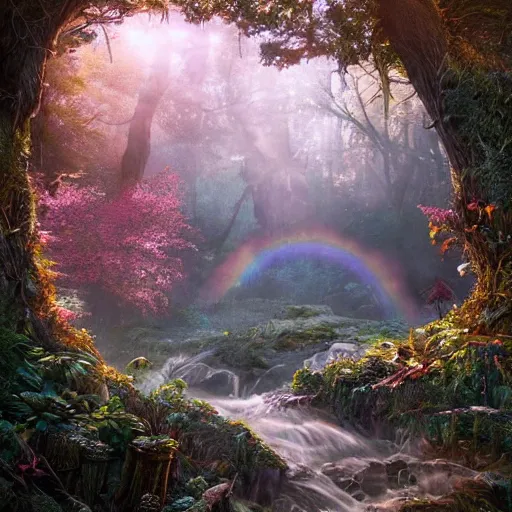 Prompt: beautiful, grand, wistful, aesthetic landscape of a hidden forest, hyperrealistic photograph by kim jung gi, rainbow colored, extremely detailed, intricate linework, sharp focus, bright colors, octopath traveler, unreal engine 5 highly rendered, global illumination, radiant light, detailed and intricate environment