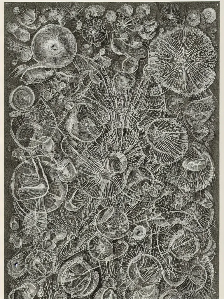 Prompt: Lithograph print plate of fractalized Stephoidea and Diatoms, by Haeckel and Beksinski, detailed plant and fungi illustrations from Codex Seraphinianus