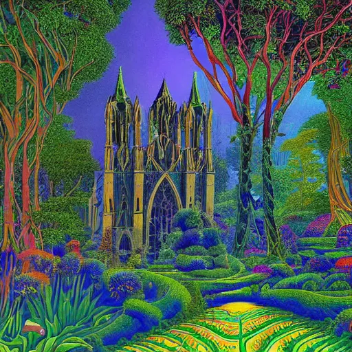 Image similar to a beautiful and highly detailed landscape painting of a cathedral in a beautiful garden in a mystical forest, psychedelic, intricate details, epic scale, insanely complex, 8 k, sharp focus, by eyvind earle