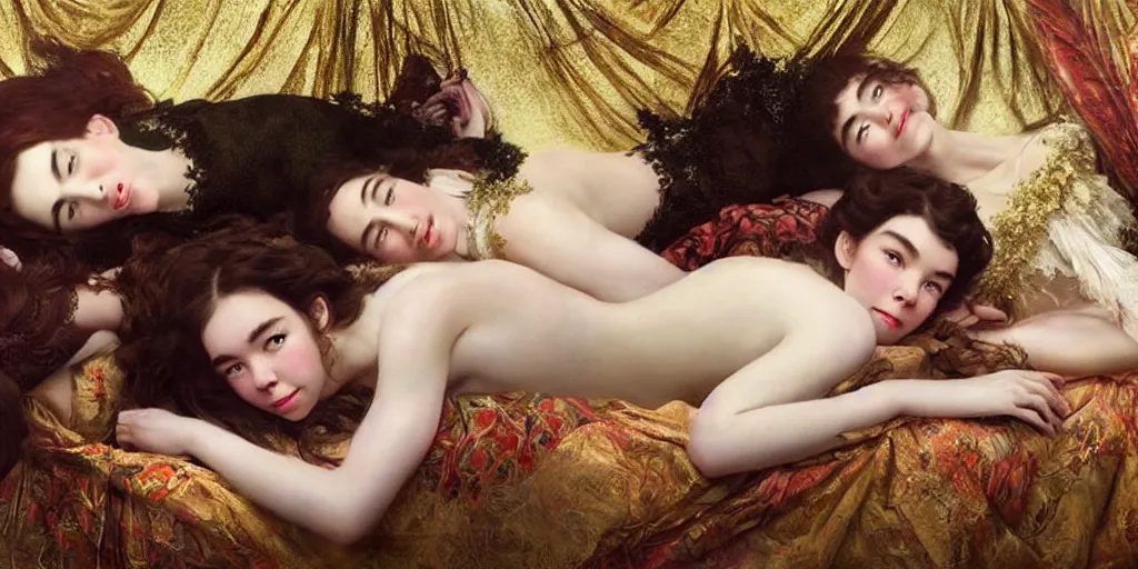 Image similar to stunning photo of dark - haired goddesses vanessa kirby, hailee steinfeld, and bjork smiling, laying back on pillows, with wet faces, wet lips, perfect eyes, insanely detailed, elegant, by mucha, wlop, rutkowski, livia prima