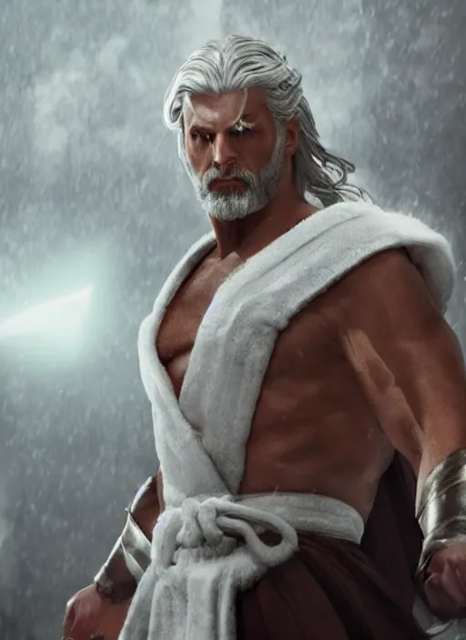 Prompt: zeus, god of thunder, greek god, white hair, powerful, upper body, white robe, in mortal kombat, splash art, movie still, cinematic lighting, dramatic, octane render, long lens, shallow depth of field, bokeh, anamorphic lens flare, 8 k, hyper detailed, 3 5 mm film grain