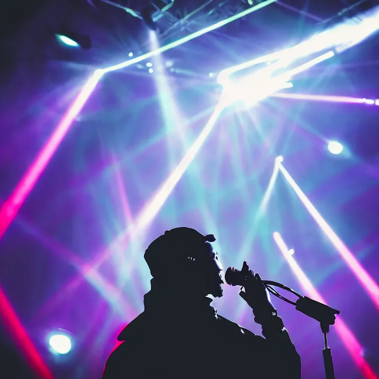 Image similar to rapper using microphone, epic angle, profile view, silhouetted, distinct, psychedelic hip-hop, laser light show, beams of light