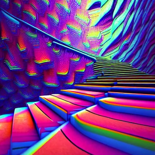 Image similar to photo - realistic, painting of a man walking alone in the boulevard of psychedelic dreams, trippy stairs in the background, hyper detail, sharp, in the style of beeple, mobeius, rule of thirds, unreal engine