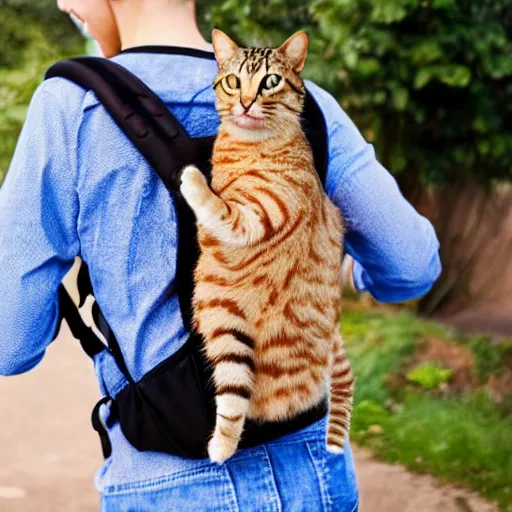 Image similar to a cat carrying a human in a pet backpack