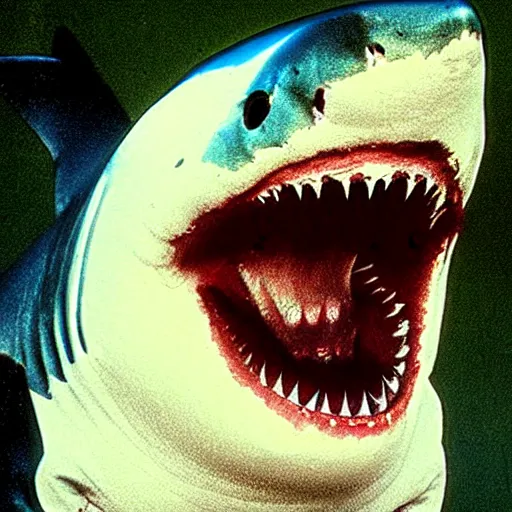 Prompt: anthropomorphic great white shark involved in trafficking illegal goods from colombia. maniac eyes, deranged, schizophrenic