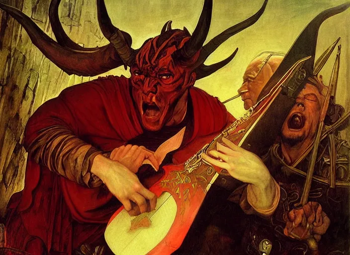 Prompt: a devil with red skin and horns. the red devil is bard playing lute. edgar maxence and caravaggio and michael whelan and delacroix style, artistic, intricate painting, cinematic lighting, hyper realistic, extremely detailed, vivid colors, establishing shot, dramatic lighting