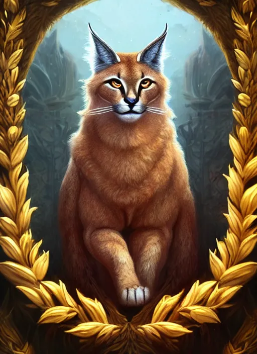 Image similar to cute fluffy caracal as apollo ancient greek god, golden wreath at background, details, fantasy, epic, ancient greek city, intricate, decadent, highly detailed, octane render, digital painting, artstation, concept art, sharp focus, illustration, art by artgerm, loish, wlop