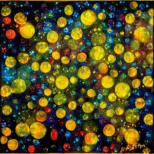 Image similar to a field of fireflies, colorful, ethereal, mixed media, paint, collage, bright