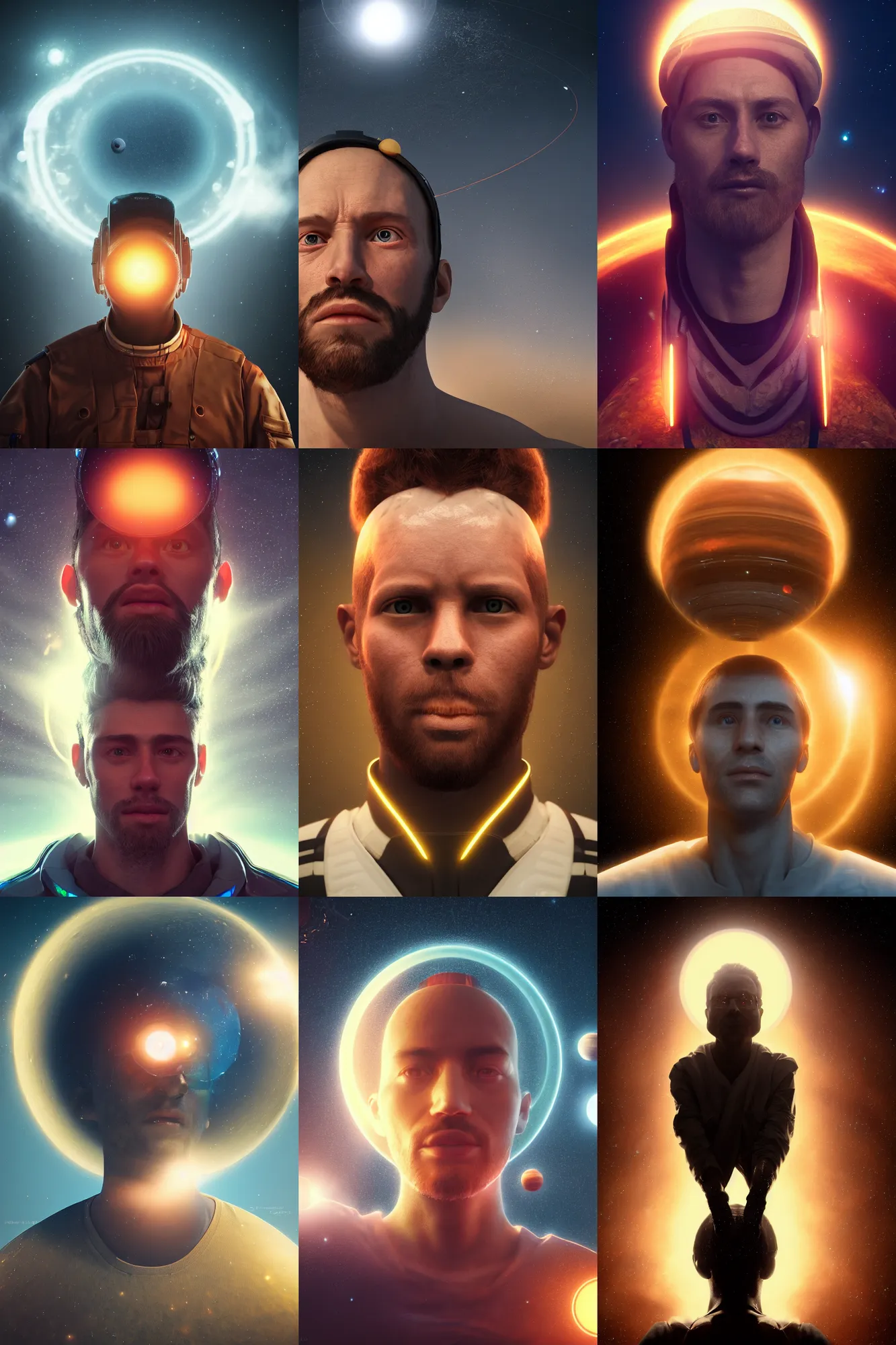 Prompt: A portrait of a man with a solar system around the head, backlight, volumetric lighting, detailed, trending on artstation, 8k, octane render