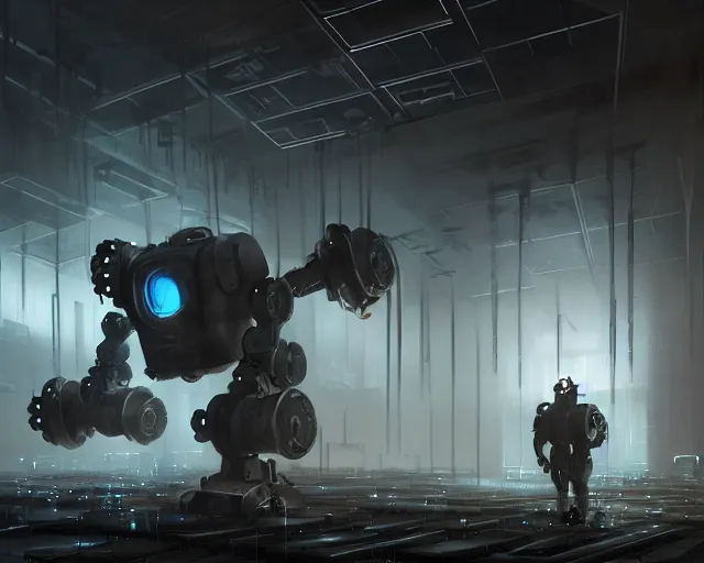 Prompt: gloomy ruined server room in datacenter painting concept art of robodog colossus, sharp focus, emitting diodes, smoke, artillery, pacing, computers, racks, motherboard, by pascal blanche rutkowski artstation cinematic, dramatic, detailed matte painting, 4 k resolution