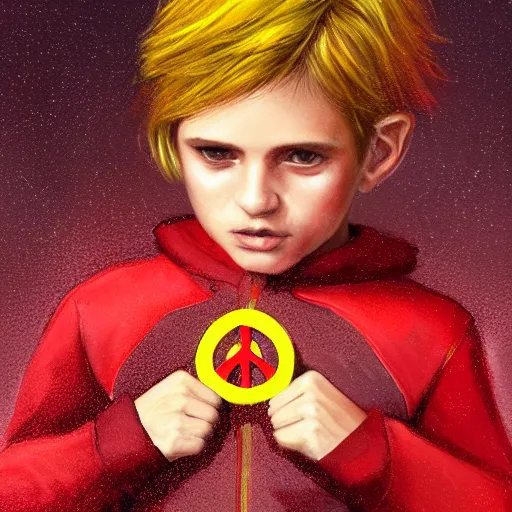 Image similar to colorful and festive captivating young child boy, brown fluffy hair, wearing red and yellow hero suit, doing the peace symbol with his hand. full body, rich vivid colors, ambient lighting, dynamic lighting, 4 k, atmospheric lighting, painted, intricate, highly detailed by charlie bowater