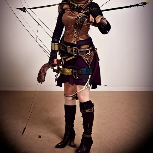 Prompt: full body photo of a steampunk female archer