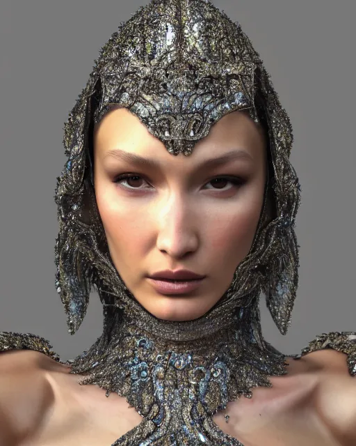 Image similar to a highly detailed metahuman 8 k close up render of bella hadid with a veil on her head and face renaissance in iris van herpen dress schiaparelli in diamonds crystals swarovski and jewelry iridescent in style of alphonse mucha trending on artstation made in unreal engine 4