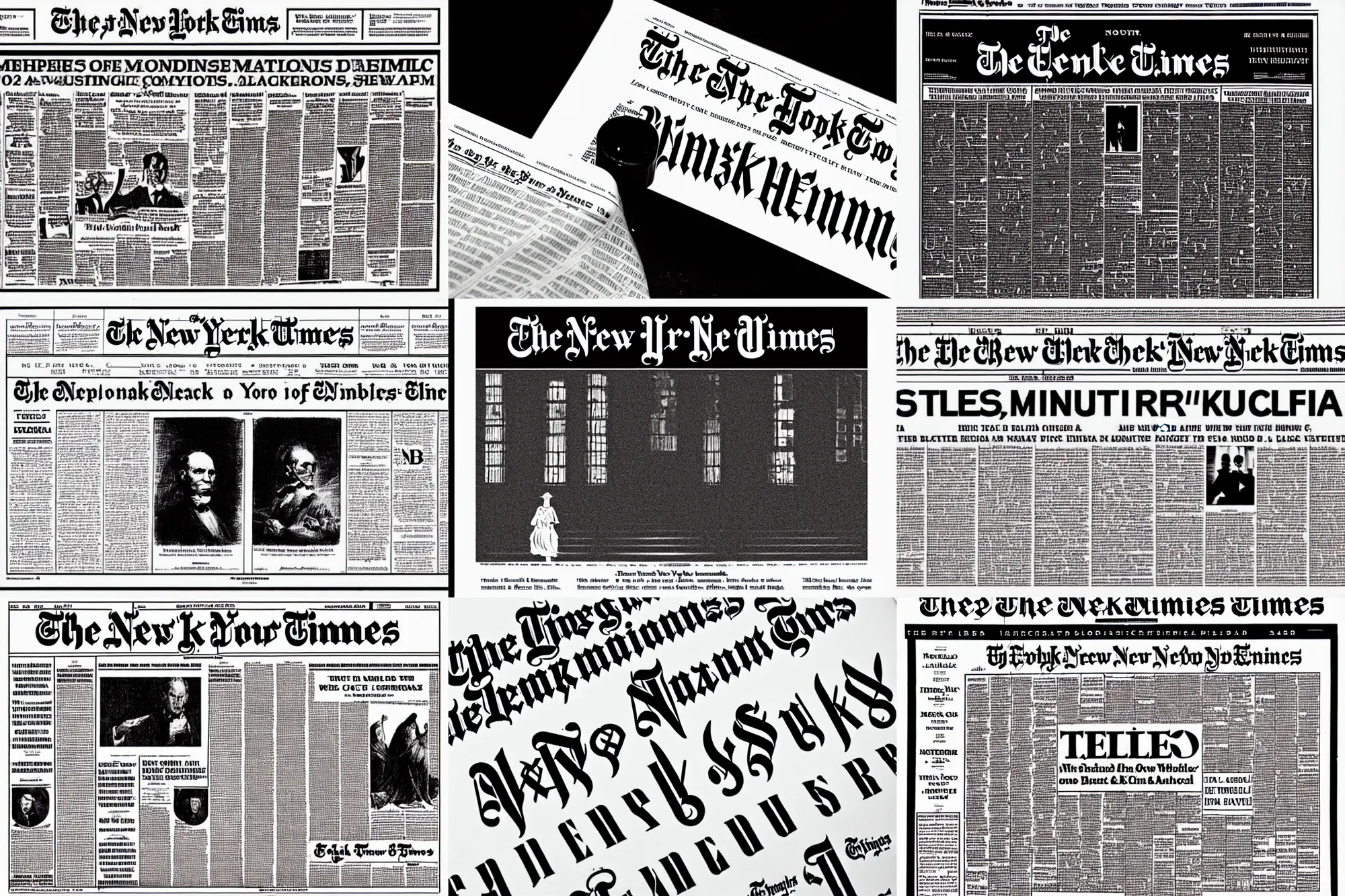 Prompt: the masthead of the new york times newspaper in gothic lettering, black and white, typography