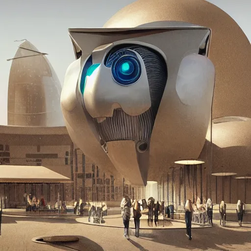 Image similar to detailed face of a synthetic sentient super - intelligent humanoid with eyes warming up, rammed earth courtyard, cool skydome, fresh atmosphere, ambient, rick guidice, syd mead, livia prima, greg rutkowski