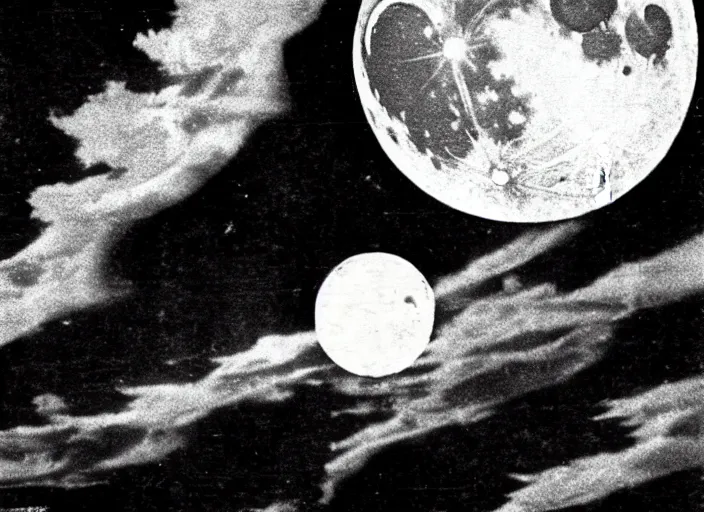 Image similar to vintage photo still of the moon!!!! exploding!!!! exploding moon moon explosion fragments on one side moon rupture moon exploding moon explosion over new york city in the 1 9 2 0 s, black and white, weathered, edge vignette, explosion in the sky, moon exploding