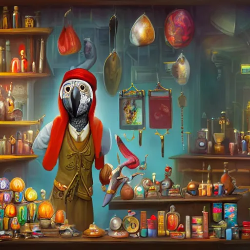 Image similar to Anthropomorphized parrot trader in his shop, shelves full, selling a gem, portrait, items, magic potions, weapons, arcana, carpet, window, fancy funny hat, sly expression , cunning expression, cute expression, presenting magic gem, D&D, fantasy, cinematic lighting, highly detailed, digital painting, artstation, concept art, smooth, sharp focus, illustration, warm light, cozy warm tint, magic the gathering artwork, volumetric lighting, 8k, no gold, no gold colours, art by Akihiko Yoshida, Greg Rutkowski