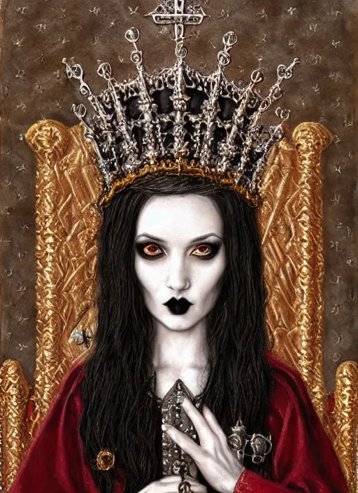 Image similar to highly detailed closeup portrait of a goth medieval queen wearing a crown and sitting on a throne, nicoletta ceccoli, mark ryden, earl norem, lostfish, global illumination, god rays, detailed and intricate environment