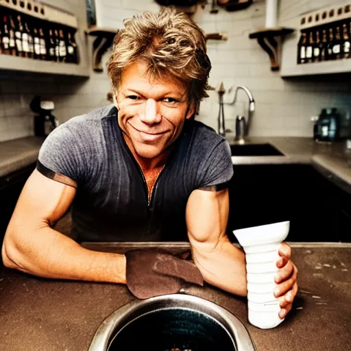 Prompt: photograph of Jon Bon Jovi with cowboy hat pouring beer from a tap into a dirty bowl in the kitchen sink