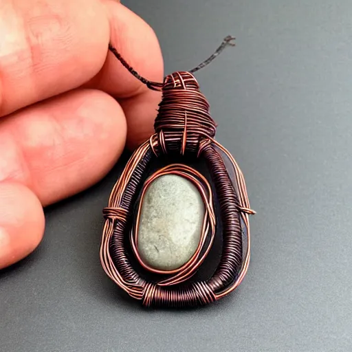 Prompt: beautiful but simple amulet made from equal parts bright sandstone and dark sandstone, bound together by copper wire and representing powerful love