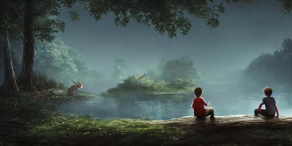 Image similar to a silver dragon and a boy sitting next to lake in forest, many fireflys, at night, concept art, dof, cryengine, digital art, detailed background, makoto shinkai