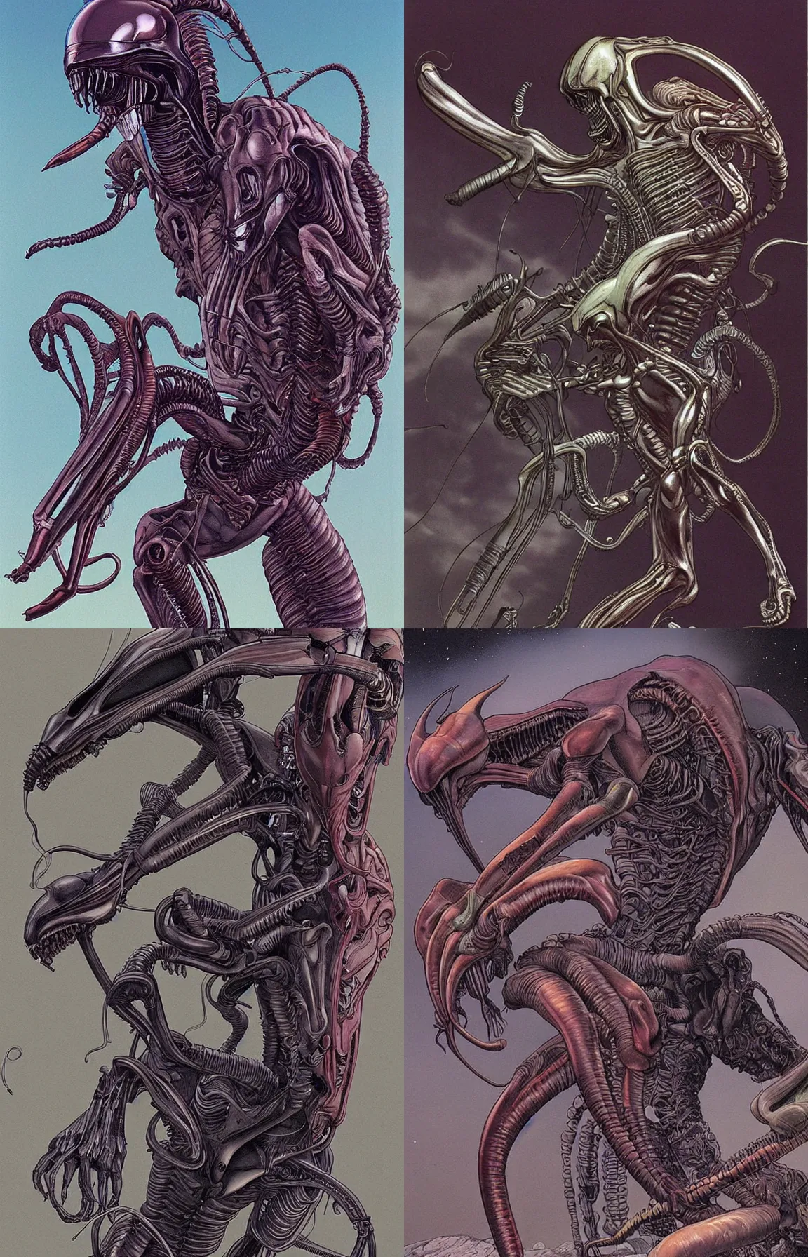 Prompt: Artwork by moebius and oscar chichoni, Xenomorph