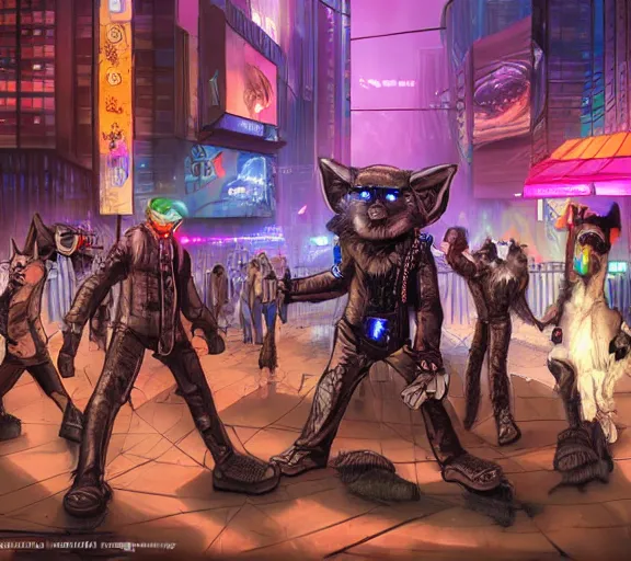 Image similar to high - resolution photograph from a cyberpunk era furry fandom convention ( midwest furfest 2 0 4 7 ), taking place after the genetic revolution and quantum singularity. photorealistic.