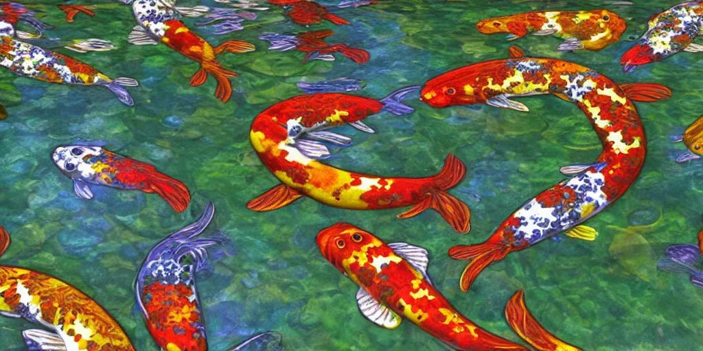 Image similar to psychedelic koi fish pond, mc escher, hyper detailed illustration, unreal engine 5,