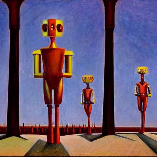 Image similar to robot druids in a grand processional, capital plaza, grant wood, pj crook, edward hopper, oil on canvas