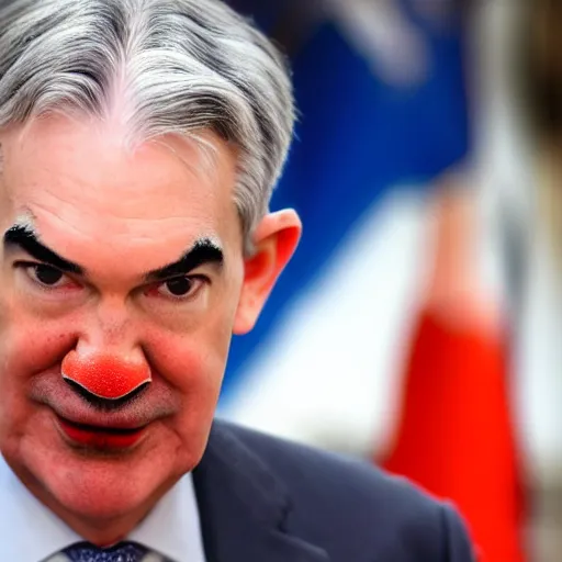 Prompt: Jerome Powell with colorful clown makeup whiteface all over his face