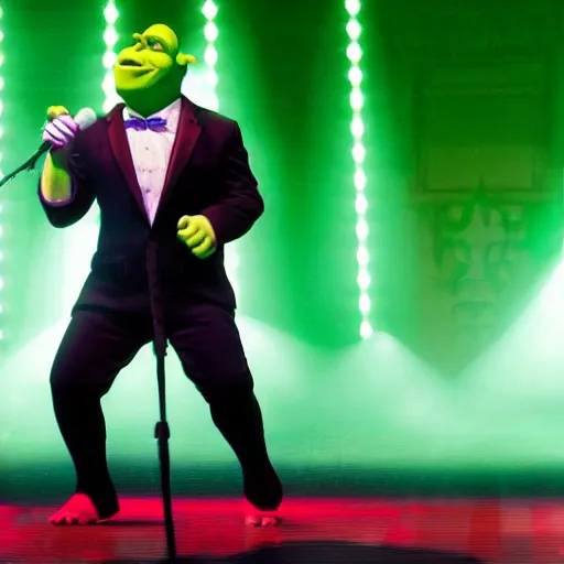 Image similar to Shrek performing Never Gonna Give You Up, singing into a microphone while dancing, black suit, striped shirt, light background, full color photograph, 4k