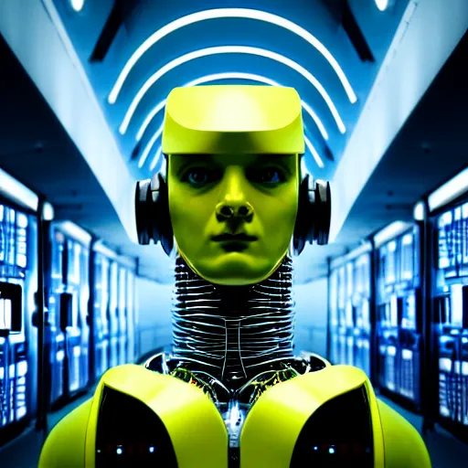 Image similar to colour brutal caravaggio style photography of highly detailed aesthetic robot wearing sci - fi system administrator uniform designed by botticelli and working in detailed sci - fi data centre designed by josan gonzalez, many details, volumetric dramatic natural light in style of josan gonzalez and mike winkelmann and andgreg rutkowski and alphonse muchaand