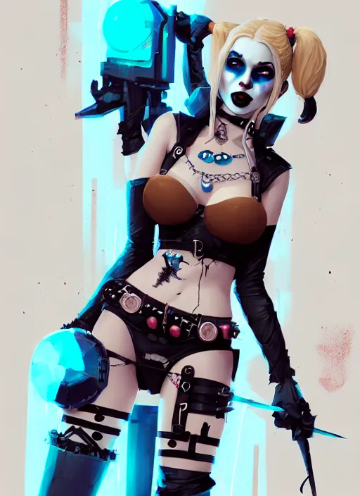 Image similar to portrait of cute goth harley quinn in cyber bikini armor, warhammer, cyberpunk, by atey ghailan, by greg rutkowski, by greg tocchini, by james gilleard, by joe fenton, by kaethe butcher, by gustav klimt, dynamic lighting, gradient light blue, brown, blonde cream and white color in scheme, grunge aesthetic