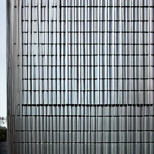 Prompt: fuild architecture, metal facade with horizontal pattern, design by mad architect