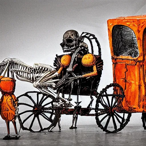 Prompt: The mixed mediart features a human figure driving a chariot. The figure is skeletal and frail, with a large head and eyes. The chariot is pulled by two animals, which are also skeletal and frail. carrot orange, in France by Enki Bilal opulent