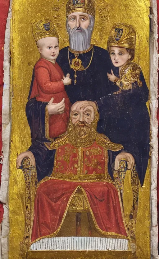 Image similar to photograph of a smiling byzantine emperor with his beloved son and daughter,